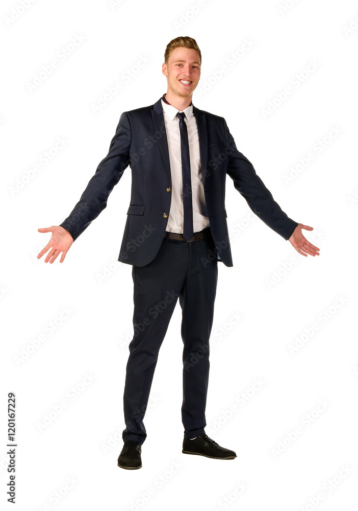 Approachable young business man with open arms isolated Approachable young business man with open arms isolated