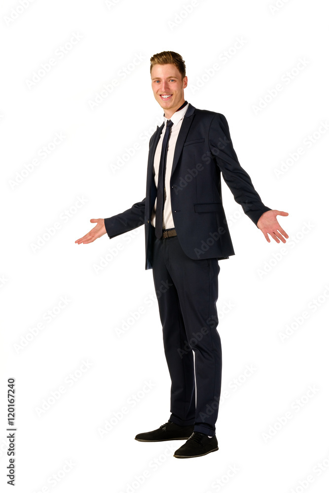 Approachable young business man with open arms isolated Approachable young business man with open arms isolated