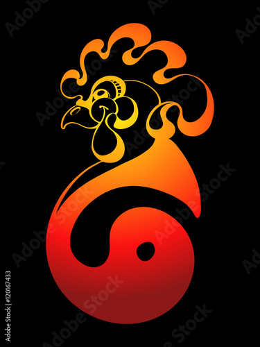 Hand-drawn beautiful profile portrait of a fire rooster head. Vector illustration, zodiac symbol of 2017 on east calendar. Black line art on black. photo