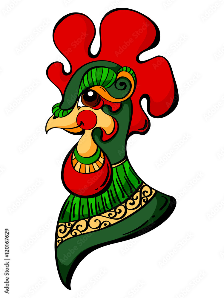 Hand-drawn beautiful profile portrait of a rooster head. Vector illustration, zodiac symbol of 2017 on east calendar. Colored art on the white background. Hand-drawn beautiful profile portrait of a rooster head. Vector illustration, zodiac symbol of 2017 on east calendar. Colored art on the white background.