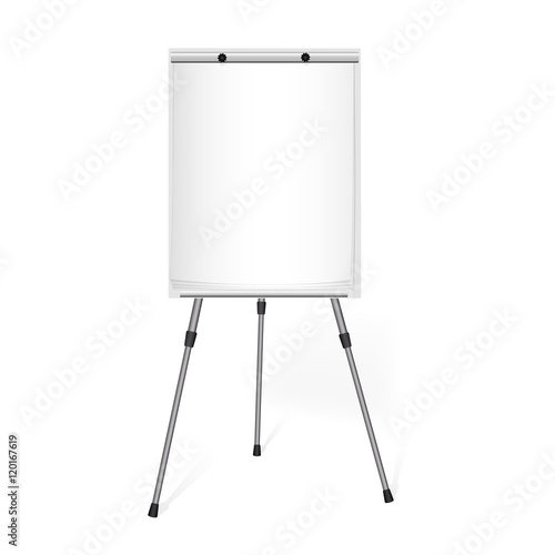 Flip chart with a blank sheet of paper on a tripod in the office.