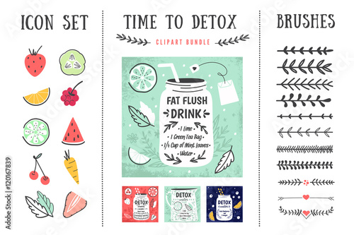 Detox posters and design elements. Template for scrapbooking, wrapping, notebooks, notebook, diary, decals, school accessories. Detox and healthy life. Vector illustrations