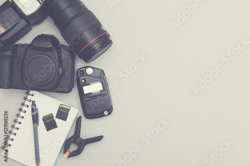 Photography equipment overhead with copy space