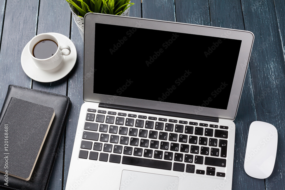 Working place, wooden table Working place, wooden table