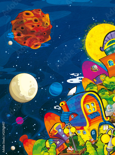 cartoon scene with some city on other planet - illustration for children