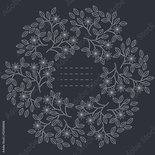 Beautiful round frame with chamomile flowers and leaves isolated