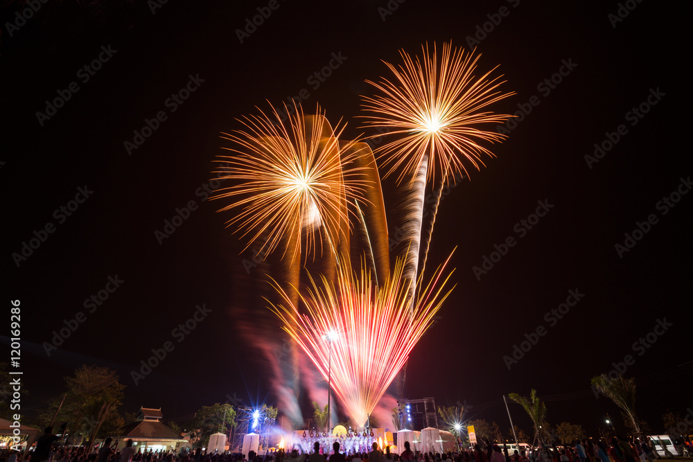 Cerebration firework, red and orange star with tailing fire concept in horizontal picture