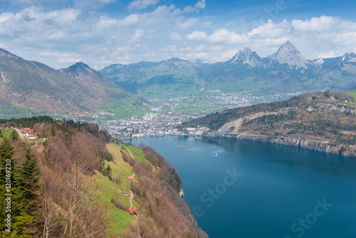 Canton of Schwyz from Seelisberg. Landscape view from the air, wide lens. Mythen