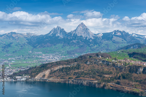 Canton of Schwyz. Landscape view from the air, wide lens. Mythen