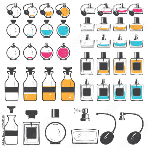 Perfume and cologne bottles set. Exclusive bottles with aromatic oils. Detailed elements