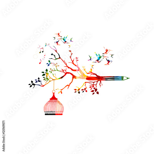Colorful pencil tree vector illustration with hummingbirds. Design for creative writing and creation, storytelling, blogging, education, book cover, article and website content writing, copywriting