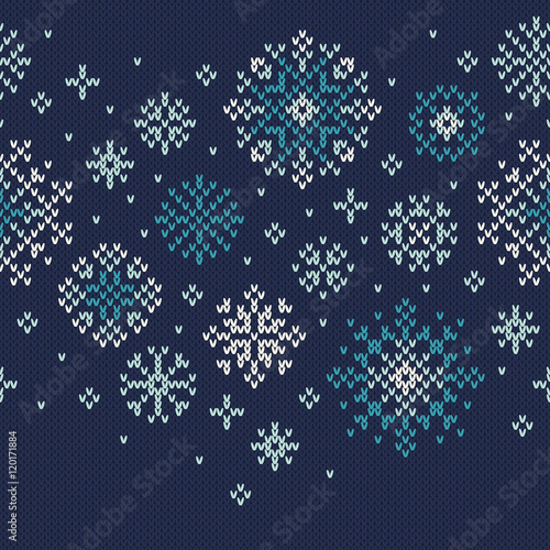 Winter Holiday Knitted Pattern with Snowflakes. Seamless Vector Background