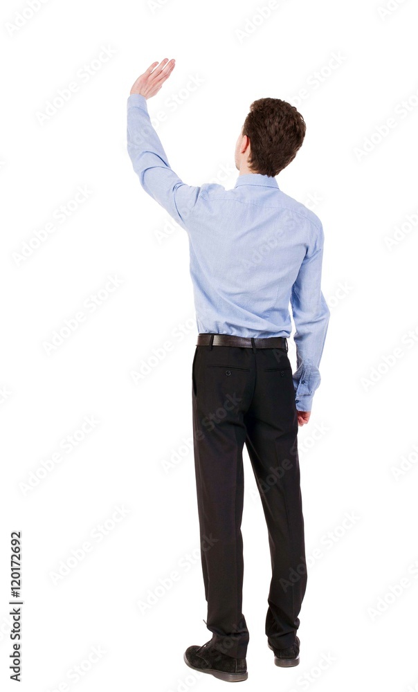 Back view of beautiful business man welcomes. Young businessman in suit. Rear view people collection. backside view of person. Isolated over white background. Businessman welcomed Back view of beautiful business man welcomes. Young businessman in suit. Rear view people collection. backside view of person. Isolated over white background. Businessman welcomed