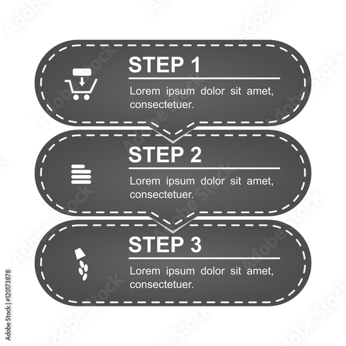 Infographics of shopping online. Three steps. The infographics are drawn in modern - retro - material design. Contains flat icons (add goods to cart, filling credentials, payment). Isolated vector.