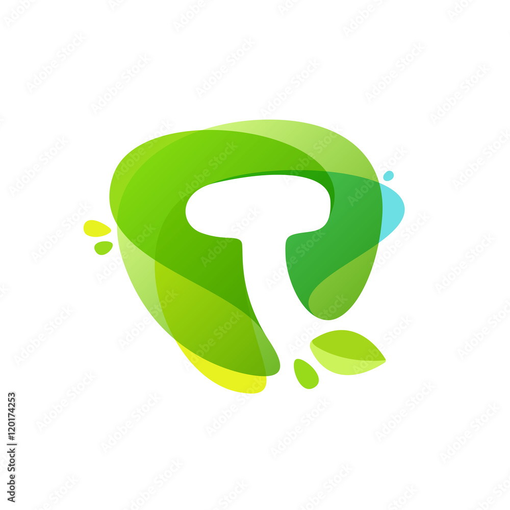 Letter T logo at green watercolor splash background. Letter T logo at green watercolor splash background.