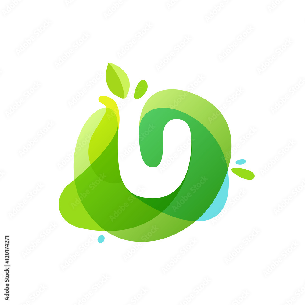 Letter U logo at green watercolor splash background. Letter U logo at green watercolor splash background.