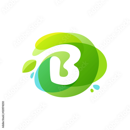 Letter B logo at green watercolor splash background.