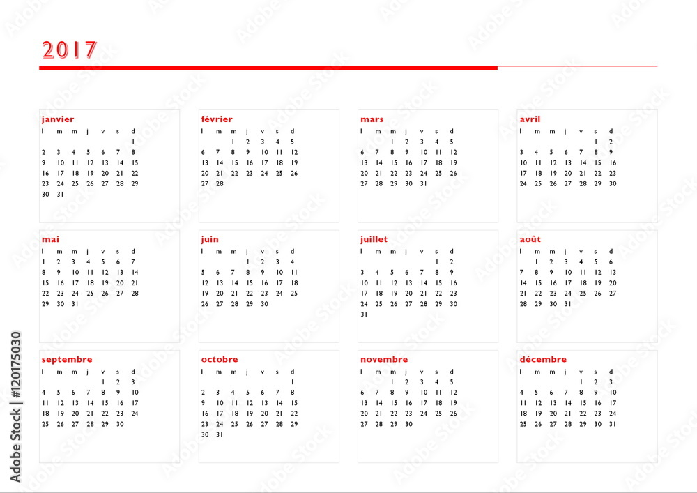 Simple calendar for 2017 year in french language Simple calendar for 2017 year in french language