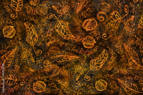 decorative background pattern with golden ornamental feathers and jingle bells. © fluenta