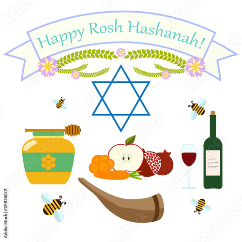 Flat vector illustration for Jewish New Year holiday Rosh Hashanah, Shana Tova.