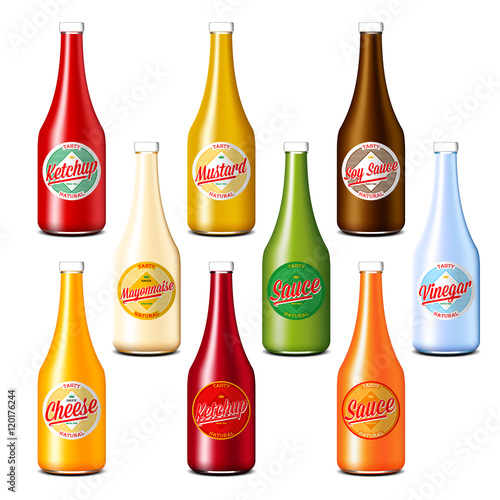 Pack of ketchup, vinegar, mustard, soy, cheese and mayonnaise sauce bottles