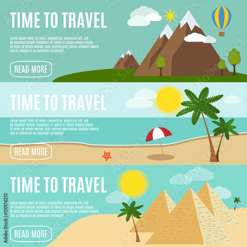 The set of three horizontal banners on a travel theme vector illustration.