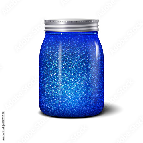 Glitter jar. Realistic object with shiny blue sparkles