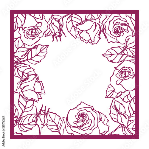 Laser cut vector rose square frame. Cutout pattern silhouette wi