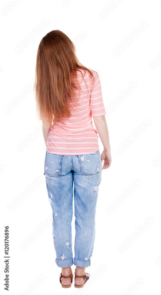 back view of standing young beautiful redhead woman. girl watching. Rear view people collection. backside view of person. Isolated over white background. back view of standing young beautiful redhead woman. girl watching. Rear view people collection. backside view of person. Isolated over white background.