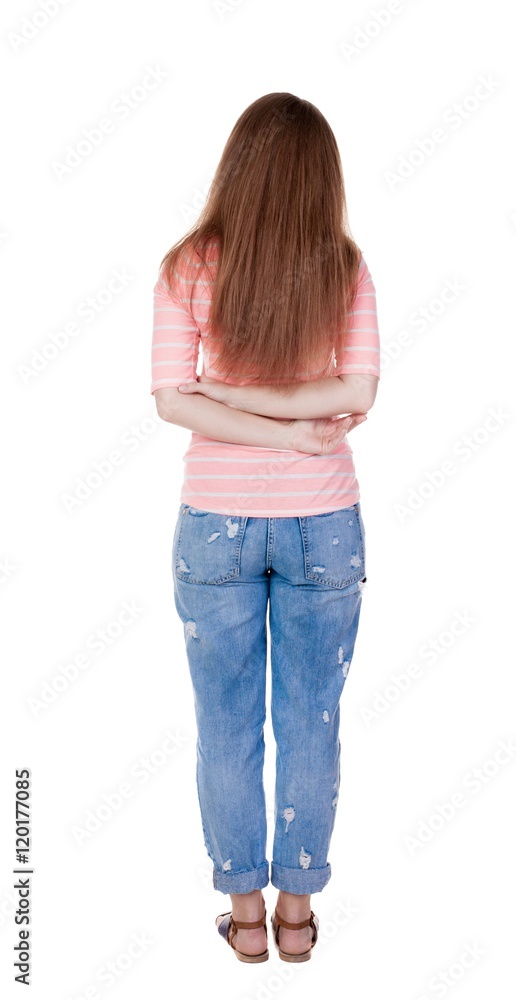 back view of standing young beautiful redhead woman. girl watching. Rear view people collection. backside view of person. Isolated over white background. back view of standing young beautiful redhead woman. girl watching. Rear view people collection. backside view of person. Isolated over white background.