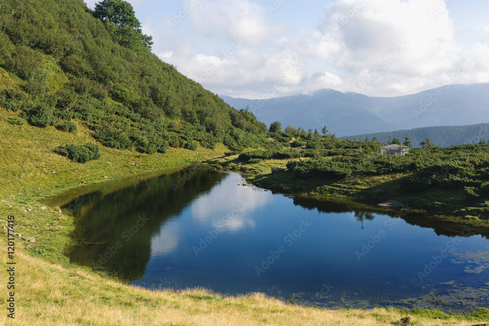 View of mountains lake and peaks, coniferous forest View of mountains lake and peaks, coniferous forest
