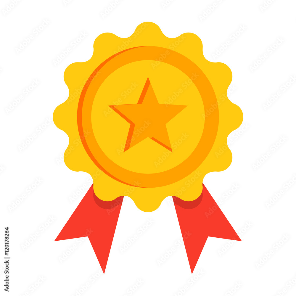 Gold award with red ribbon in flat style.