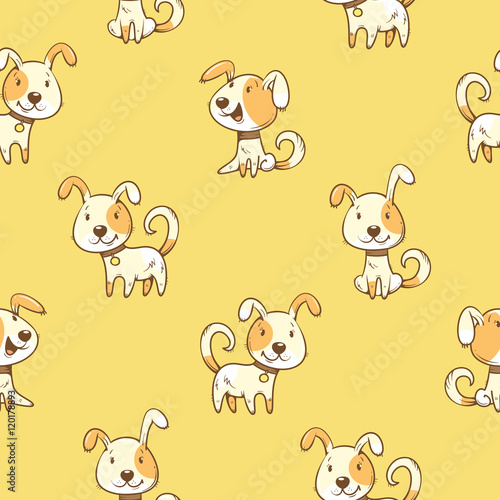 Seamless pattern with cartoon dogs on yellow background. Little cute puppies. Children's illustration. Vector image. Funny animals.