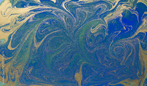 Blue and golden liquid texture, watercolor hand drawn marbling background