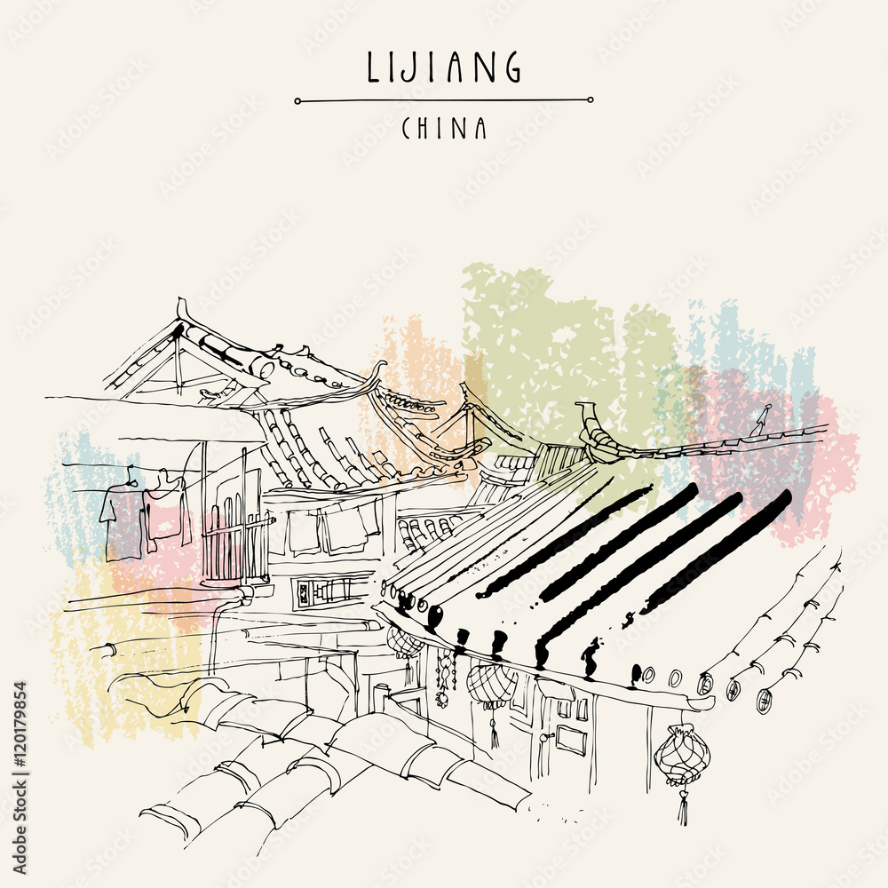Traditional Chinese houses on the river in Lijiang, Yunnan, China. Artistic hand drawing. Travel sketch. Vintage poster, banner, postcard or calendar page template