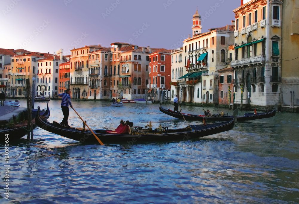 gondolas on the Grand Canal in Venice at dusk
