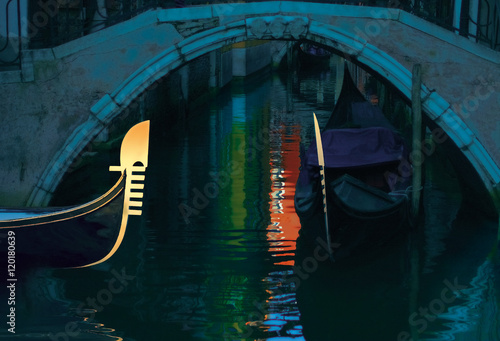 gondolas to the bridge at dusk in Venice