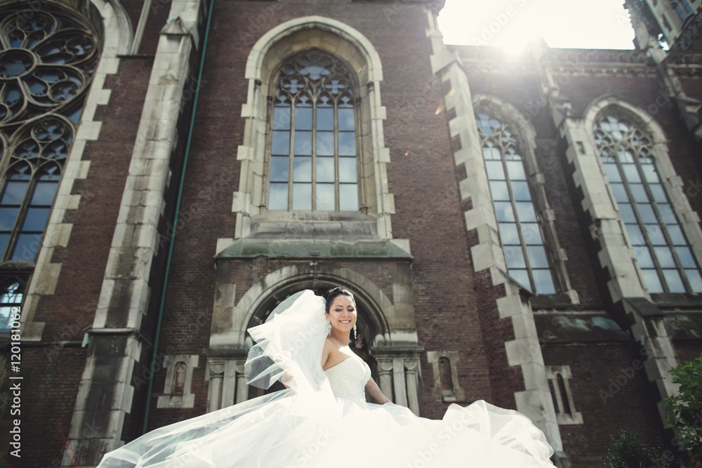 young bride standing at the old church young bride standing at the old church
