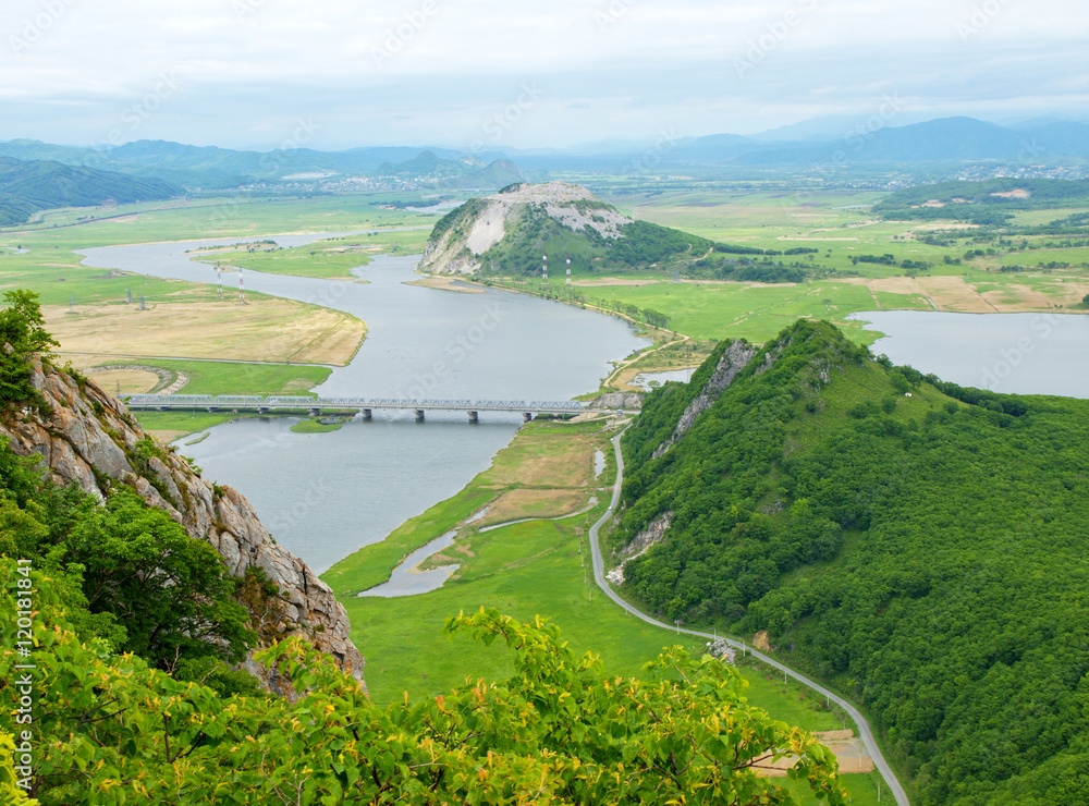 Fototapeta premium Rriver valley Partizanskaya and mount Brother, Primorsky Krai, R