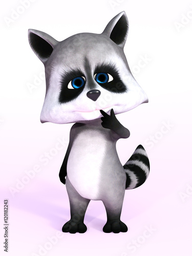 3D rendering of a cute cartoon raccoon.