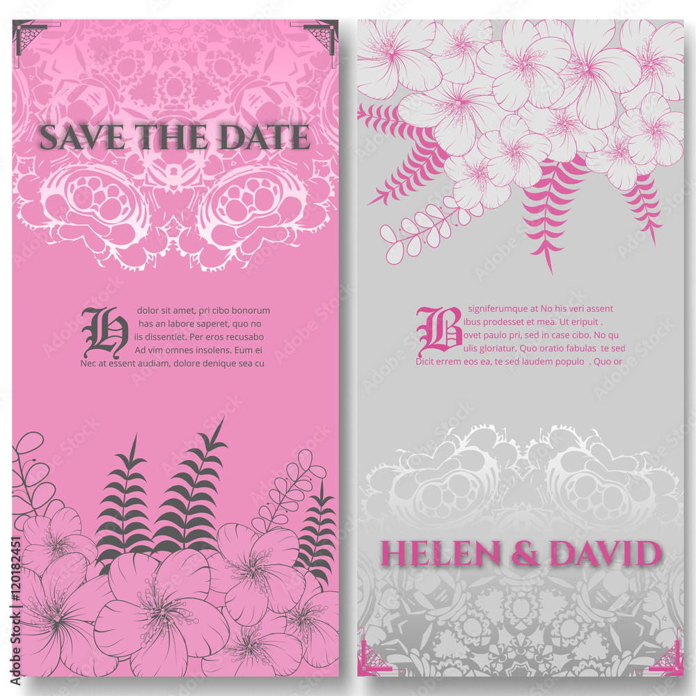 Set wedding cards. on decorated mandala and wreath background. template , gift certificate, party invitation, congratulation. save the date