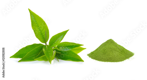 powder green tea and green tea leaf on white background