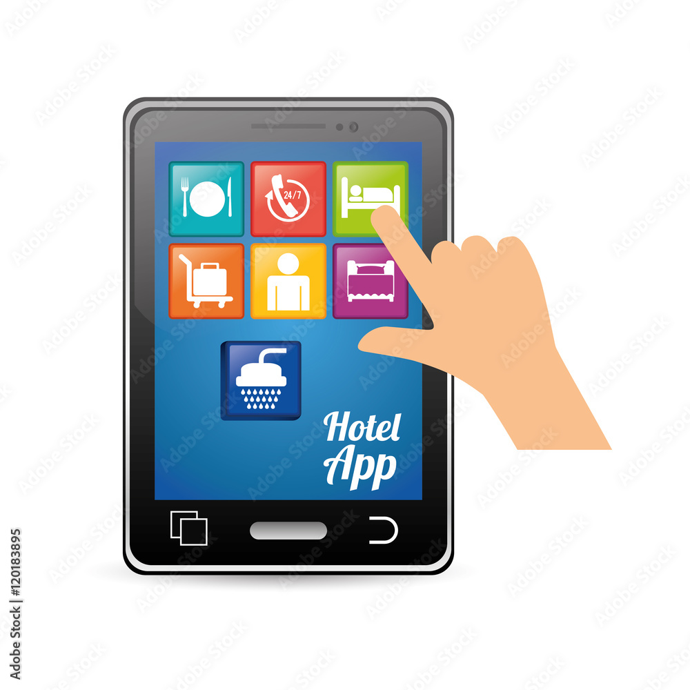 Smartphone and hotel apps icon set. Service technology media and digital theme. Colorful design. Vector illustration Smartphone and hotel apps icon set. Service technology media and digital theme. Colorful design. Vector illustration