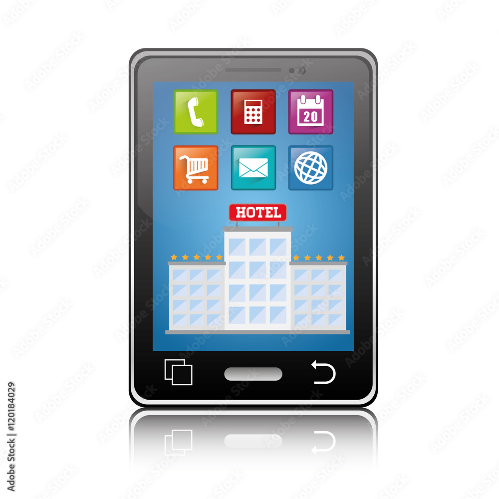 Smartphone and hotel building with apps icon set. Service technology media and digital theme. Colorful design. Vector illustration Smartphone and hotel building with apps icon set. Service technology media and digital theme. Colorful design. Vector illustration