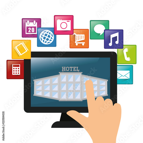 Computer and hotel apps icon set. Service technology media and digital theme. Colorful design. Vector illustration