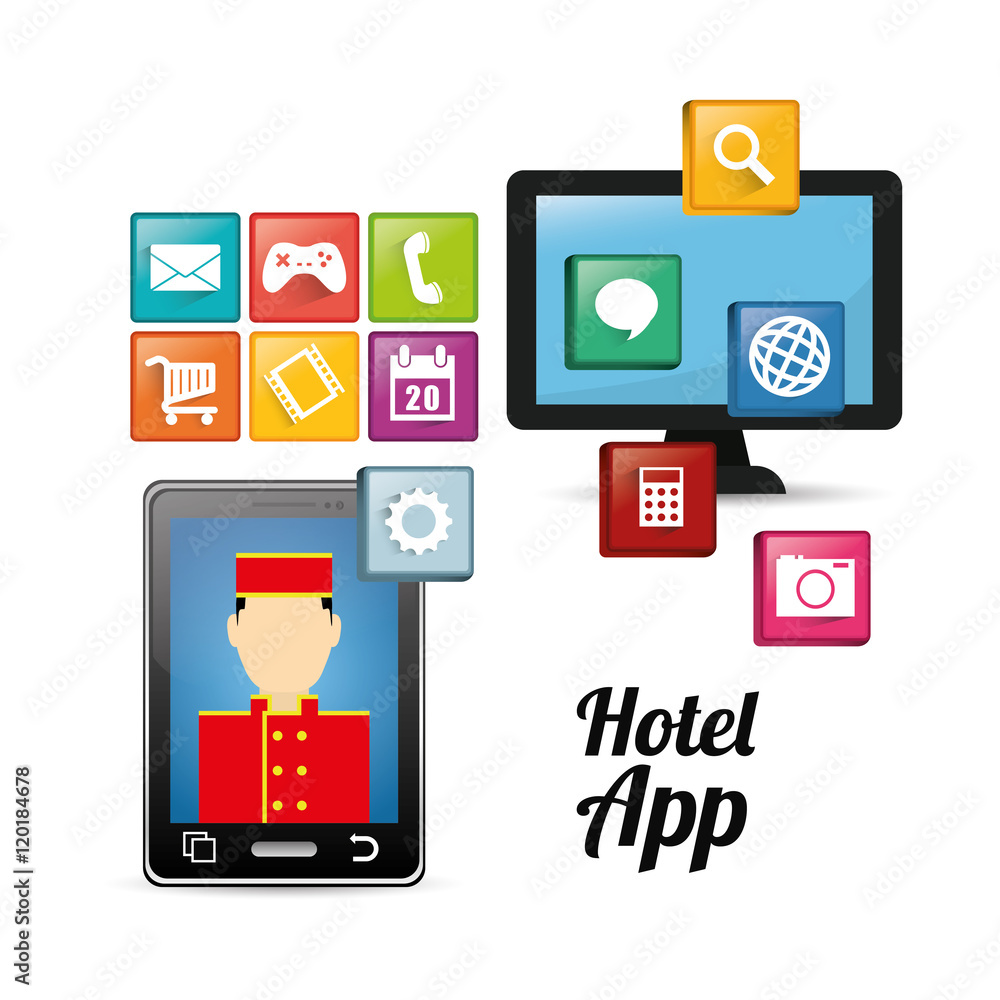 Smartphone bellboy and hotel apps icon set. Service technology media and digital theme. Colorful design. Vector illustration Smartphone bellboy and hotel apps icon set. Service technology media and digital theme. Colorful design. Vector illustration
