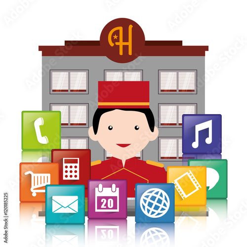 Bellboy and hotel apps icon set. Service technology media and digital theme. Colorful design. Vector illustration