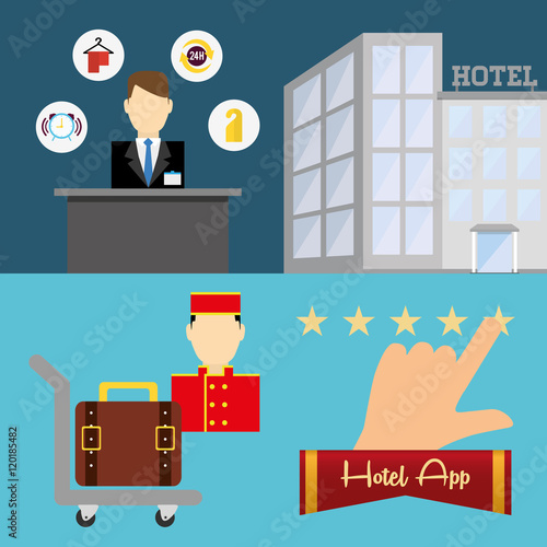 receptionist bellboy and hotel apps icon set. Service technology media and digital theme. Colorful design. Vector illustration