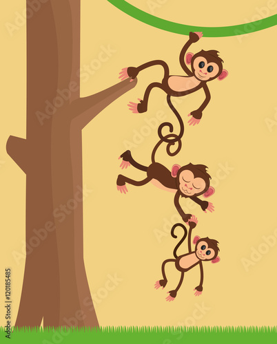 flat design happy playful  jungle monkeys hanging cartoon vector illustration 