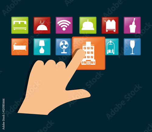 hand and hotel apps icon set. Service technology media and digital theme. Colorful design. Vector illustration